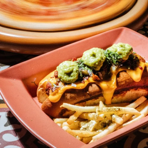 Delicioso e increible hot dog de pastor acompañado de papas fritas en holy cheese pachuca