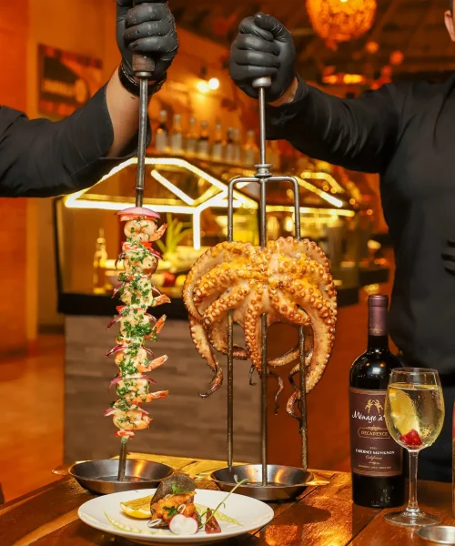Buffet de mariscos, pulpos y camarones en playa del carmen