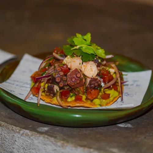 Tostada de ceviche de pulpo con piña asada y jarabe de tepache en el restaurante la cevicheria en villahermosa tabasco